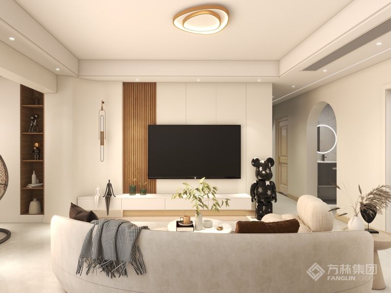 电视背景墙采用弧形造型，提高空间层次感。